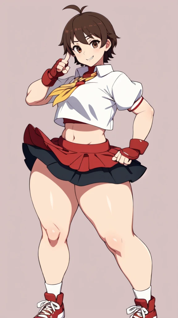 masterpiece, Highest quality,  High resolution,  1girl, solo, Sakura MS,  kasugano sakura, milf, shiny, oily skin, Brown eyes, Brown Hair, short hair, bangs, Ahoge, head band, , Puffy sleeves, Crop top, neckerchief, midriff, (((mini skirt))), ultra short skirt, Fingerless gloves, Thighs Thighs Thighs, (thick thighs, voluptuous thighs, ample thighs), White socks, Red footwear, Very detailed, More detailed,Proper body balance,Ultra-high quality output images,High resolution,Intricate details,Very delicate and beautiful hair, simple background, smile, discovery stance, bare legs, full body, (from side:0.7), nsfw,