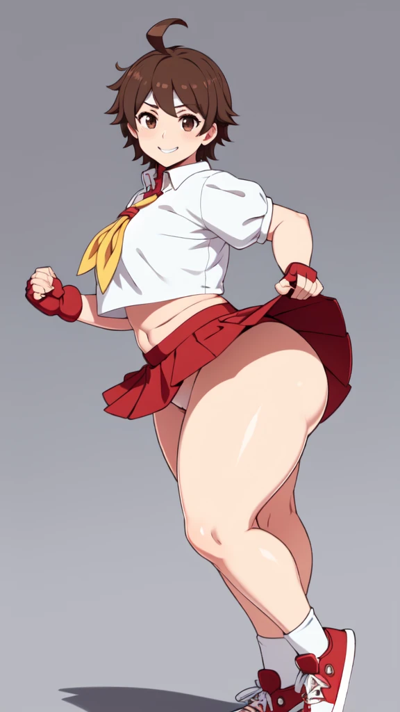 masterpiece, Highest quality, High resolution, 1girl, solo, Sakura MS, kasugano sakura, milf, shiny, oily skin, Brown eyes, Brown Hair, short hair, bangs, Ahoge, head band, , Puffy sleeves, Crop top, neckerchief, midriff, (((mini skirt))), ultra short skirt, Fingerless gloves, Thighs Thighs Thighs, (thick thighs, voluptuous thighs, ample thighs), White socks, Red footwear, Very detailed, More detailed,Proper body balance,Ultra-high quality output images,High resolution,Intricate details,Very delicate and beautiful hair, simple background, smile, discovery stance, bare legs, full body, (from side:0.7), nsfw,