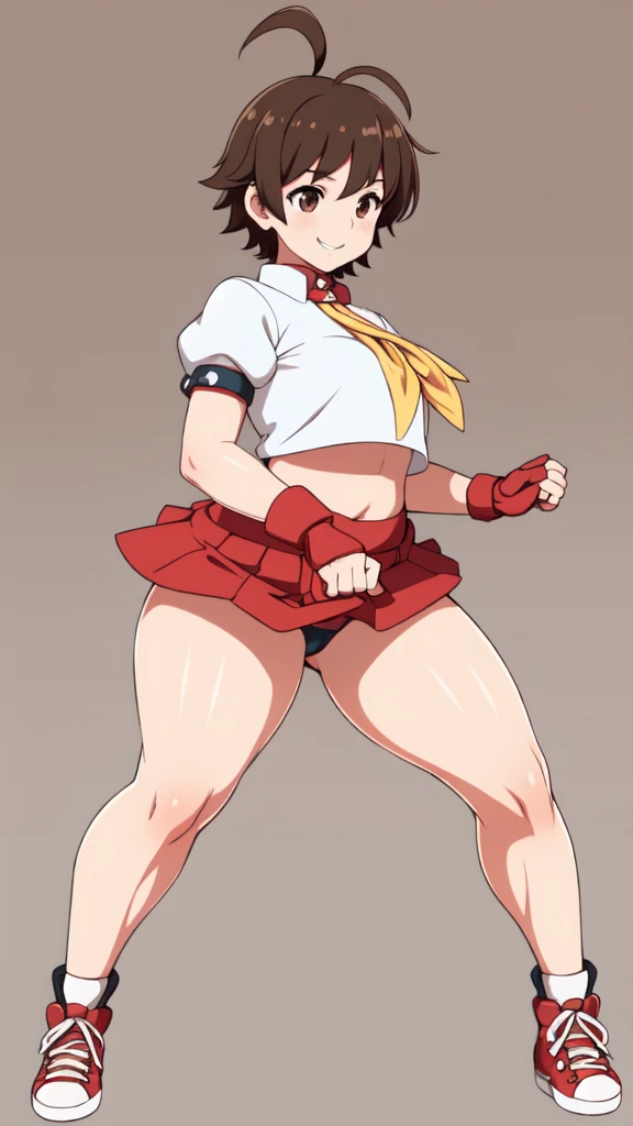 masterpiece, Highest quality,  High resolution,  1girl, solo, Sakura MS,  kasugano sakura, milf, shiny, oily skin, Brown eyes, Brown Hair, short hair, bangs, Ahoge, head band, , Puffy sleeves, Crop top, neckerchief, midriff, (((mini skirt))), ultra short skirt, Fingerless gloves, Thighs Thighs Thighs, (thick thighs, voluptuous thighs, ample thighs), White socks, Red footwear, Very detailed, More detailed,Proper body balance,Ultra-high quality output images,High resolution,Intricate details,Very delicate and beautiful hair, simple background, smile, discovery stance, bare legs, full body, (from side:0.7), nsfw,