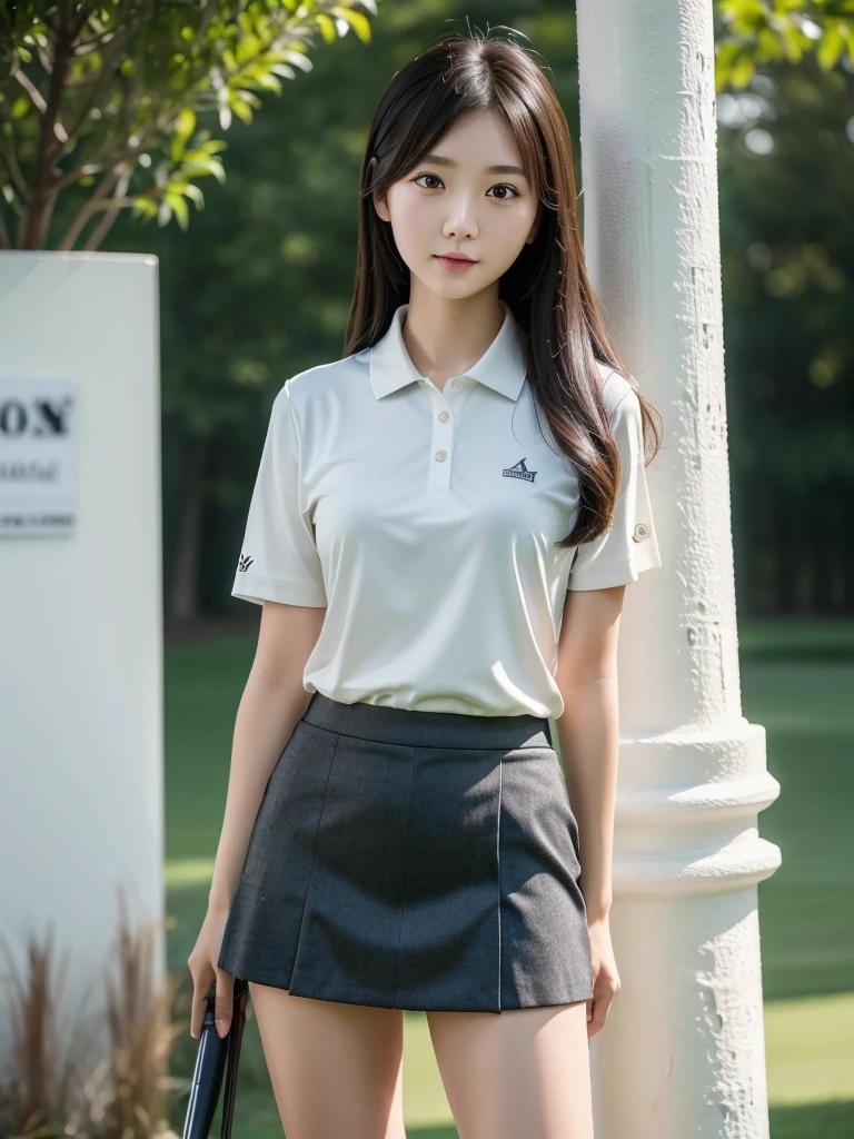 golf、mini skirt、golf場、(Highest quality)、((Very detailed))、4K、(8K)、masterpiece、Very detailedな、Highest quality、Super Resolution、1 person、Kind Face、Soft Light、RAW quality、Soft Skin、163cm、30 years old、Thighs、Calf