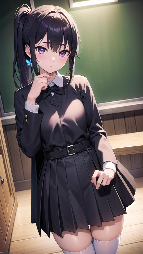 kanaotsuyuri, kanao tsuyuri, black hair, butterfly, butterfly hair ornament, (purple eyes:1.1), side ponytail, ponytail, 
BREAK black skirt, cape, demon slayer uniform, long sleeves, pleated skirt, skirt, white cape,
BREAK looking at viewer,
BREAK indoors, classroom,school,lights,
BREAK (masterpiece:1.2), best quality, high resolution, unity 8k wallpaper, (illustration:0.8), (beautiful detailed eyes:1.6), extremely detailed face, perfect lighting, extremely detailed CG, (perfect hands, perfect anatomy),pantyhose, full body, upskirt,shows panties,shy face, lace panties,