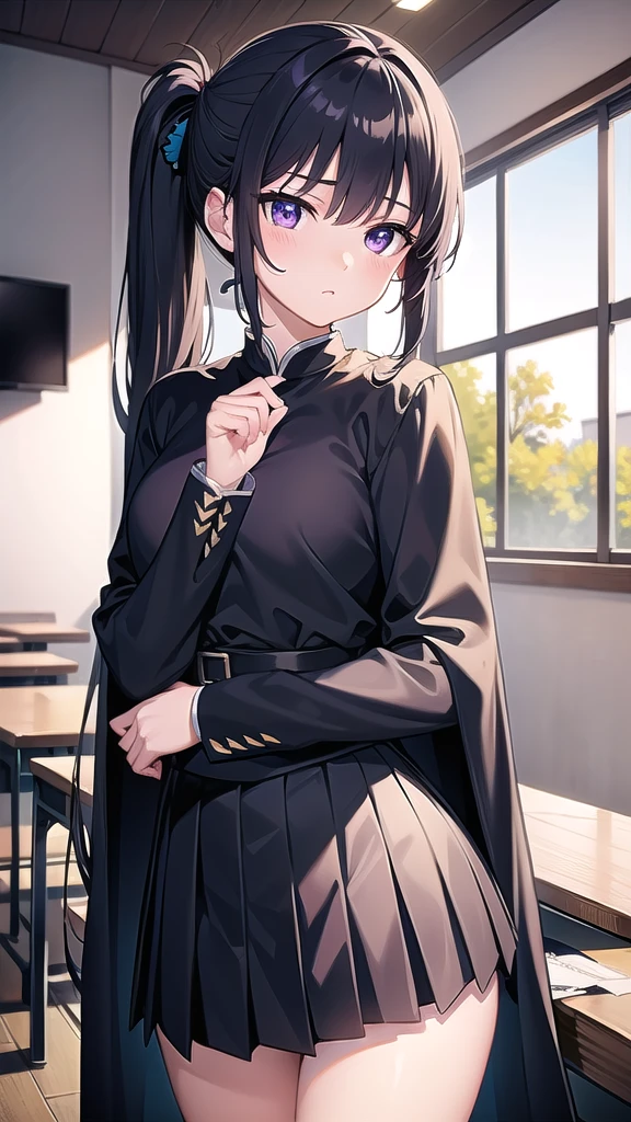 kanaotsuyuri, kanao tsuyuri, black hair, butterfly, butterfly hair ornament, (purple eyes:1.1), side ponytail, ponytail,
BREAK black skirt, cape, demon slayer uniform, long sleeves, pleated skirt, skirt, white cape,
BREAK looking at viewer,
BREAK indoors, classroom,school,lights,
BREAK (masterpiece:1.2), best quality, high resolution, unity 8k wallpaper, (illustration:0.8), (beautiful detailed eyes:1.6), extremely detailed face, perfect lighting, extremely detailed CG, (perfect hands, perfect anatomy),pantyhose, full body, upskirt,shows panties,shy face, lace panties,
