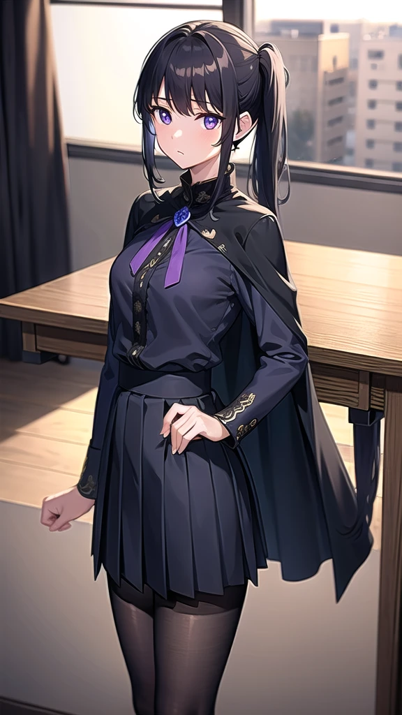 kanaotsuyuri, kanao tsuyuri, black hair, butterfly, butterfly hair ornament, (purple eyes:1.1), side ponytail, ponytail,
BREAK black skirt, cape, demon slayer uniform, long sleeves, pleated skirt, skirt, white cape,
BREAK looking at viewer,
BREAK indoors, classroom,school,lights,
BREAK (masterpiece:1.2), best quality, high resolution, unity 8k wallpaper, (illustration:0.8), (beautiful detailed eyes:1.6), extremely detailed face, perfect lighting, extremely detailed CG, (perfect hands, perfect anatomy),pantyhose, full body, upskirt,shows panties,shy face, lace panties,