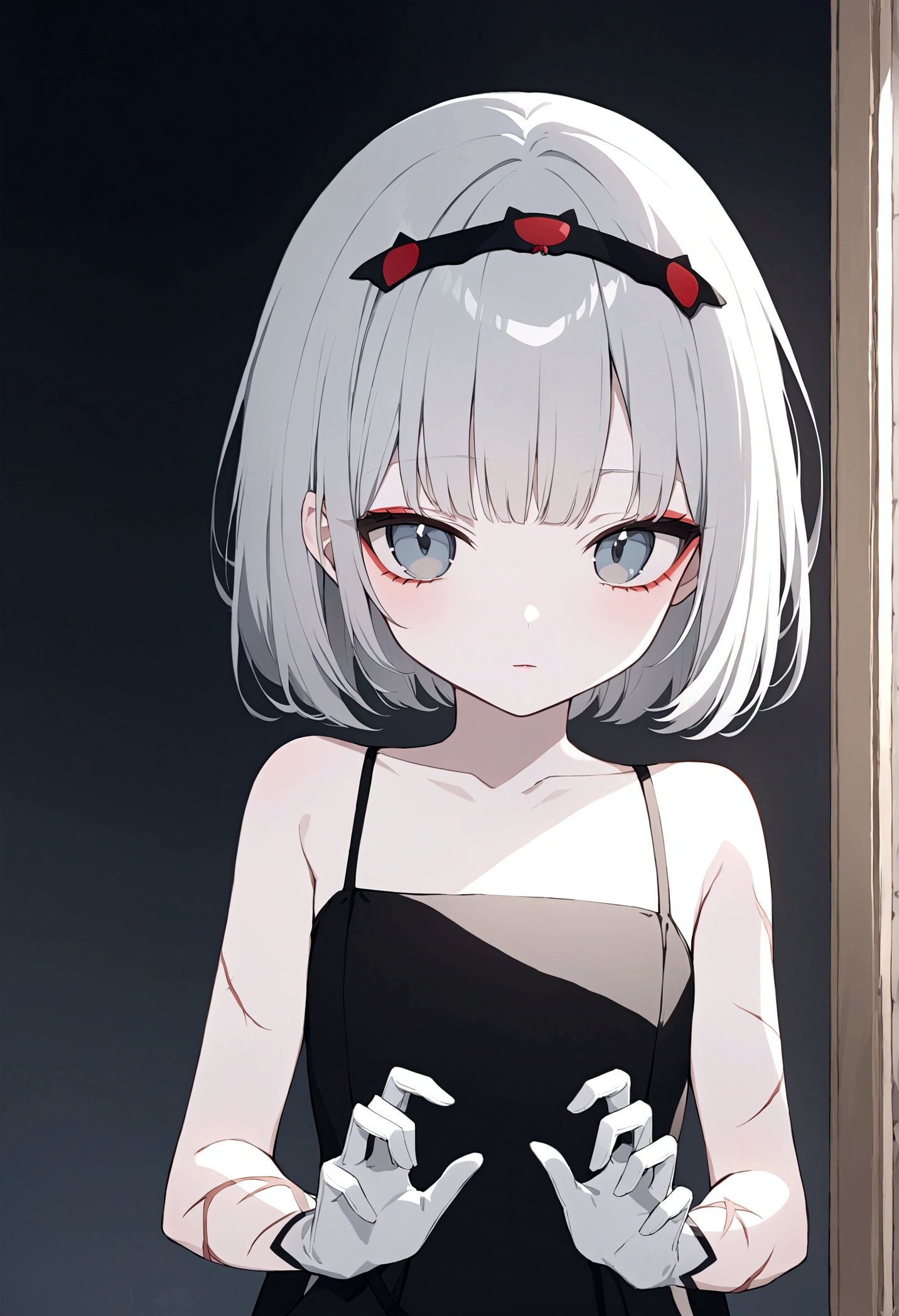 Young girl of 19 years old, emotionless and cold look, blue eyes, gray eyes as if she were blind, long eyelashes, perfect nose, small lips with red makeup, round face, Very marked black eyeliner, you can notice dark circles under her eyes, she wears an elegant black sleeveless dress, showing her arms with thin scars from cuts,Thin and well-kept hands, flat chest, body without sexy curves, thin and fragile legs,Short hair, bob style cut,White gloves, a small purse, and dark sunglasses over her hair,Soft and slightly pale skin, He has a small, almost imperceptible smile,tall height 1.74cm, he wears a cat barrette in her hair, her cuts look more recent on her arm.He is in a mansion with low lights