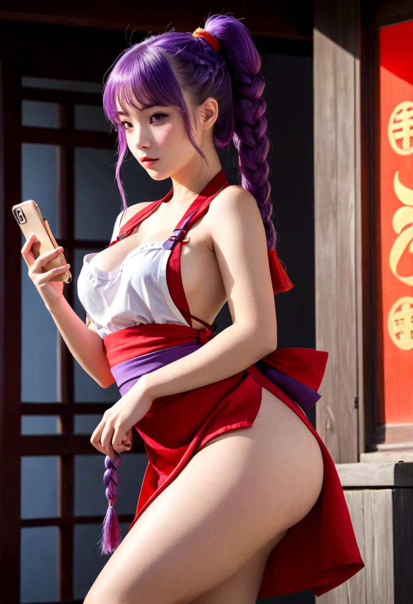 1girl,legs,a girl at building,(((building))), , braided bangs, tiny saggy breasts (b cup flat tits, erect nipples), braided ponytail,(solo:1.2),apron,thick thighs,side-tie panties, violet hair with red high lights, hand down panties, 26yo, cellphone in hand, sexy playful pose, looking at viewer, sunlight,hanfu,