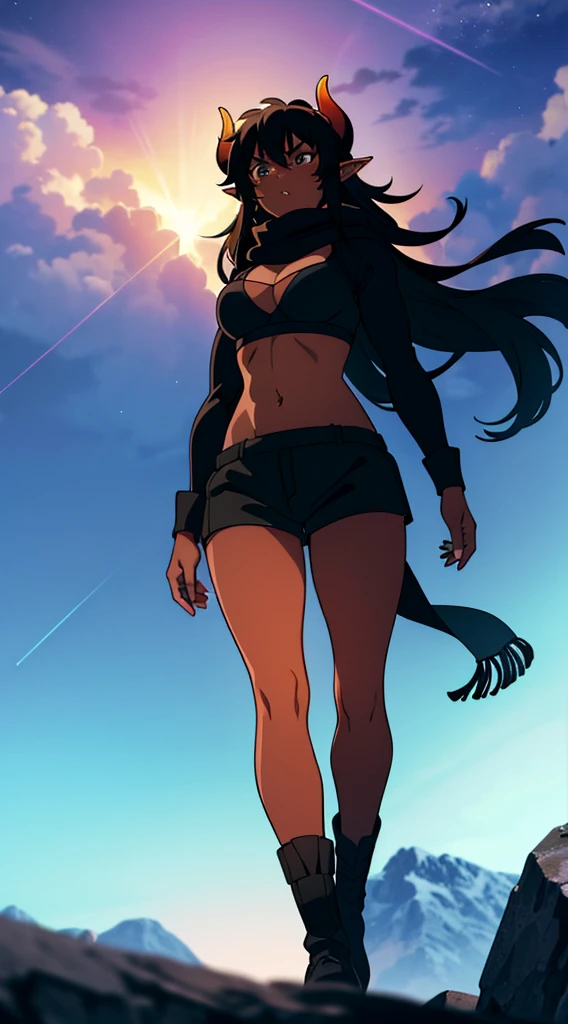 (1girl ,25s,adult,mature female),long hair, black hair,horns,elf ears,((black scarf)),cleavage,(((dark skin))),(black sports bra,black sports, shorts, midriff),angry,walking,from below, montains,lightnings,thunders,night,stars,thunder clouds,leather boots,