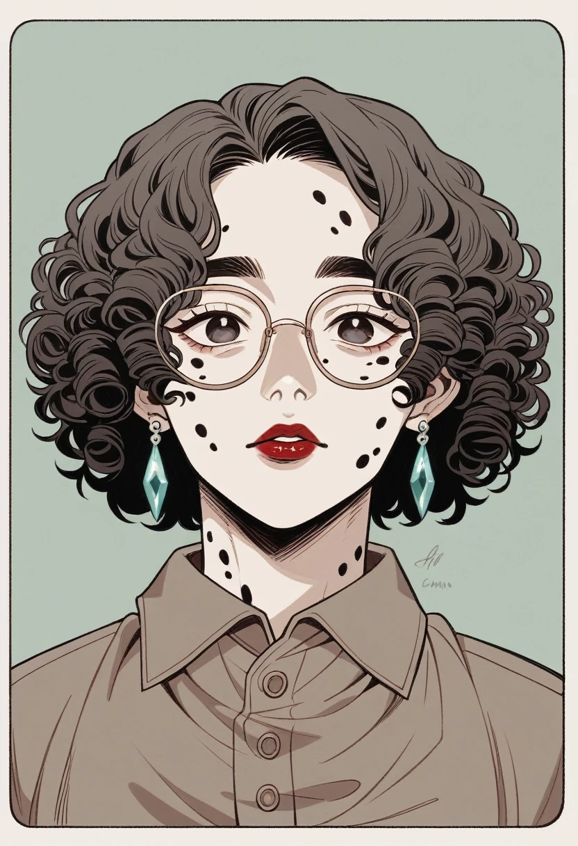 slightly curled hair, Rimless Glasses, Small spots under the corners of the mouth, / Note Lilac Earrings, Mouth slightly closed, Red lips, Surrealism, High detail, Strong chiaroscuro, Film grain, Panorama, Ultra-high resolution, Accurate, Textured skin.