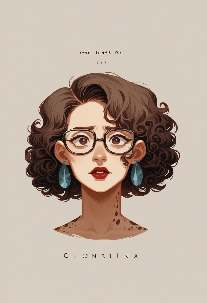 slightly curled hair, Rimless Glasses, Small spots under the corners of the mouth, / Note Lilac Earrings, Mouth slightly closed, Red lips, Surrealism, High detail, Strong chiaroscuro, Film grain, Panorama, Ultra-high resolution, Accurate, Textured skin.