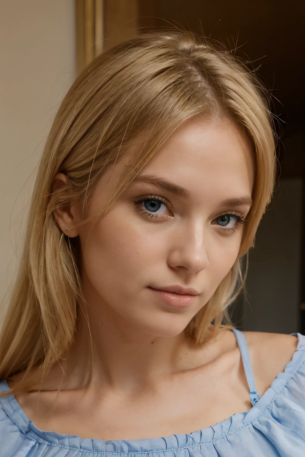 Fait moi une femme d’environ 1 m60 cheveux blond , yeux bleu avec un magnifique visage en belle tenue