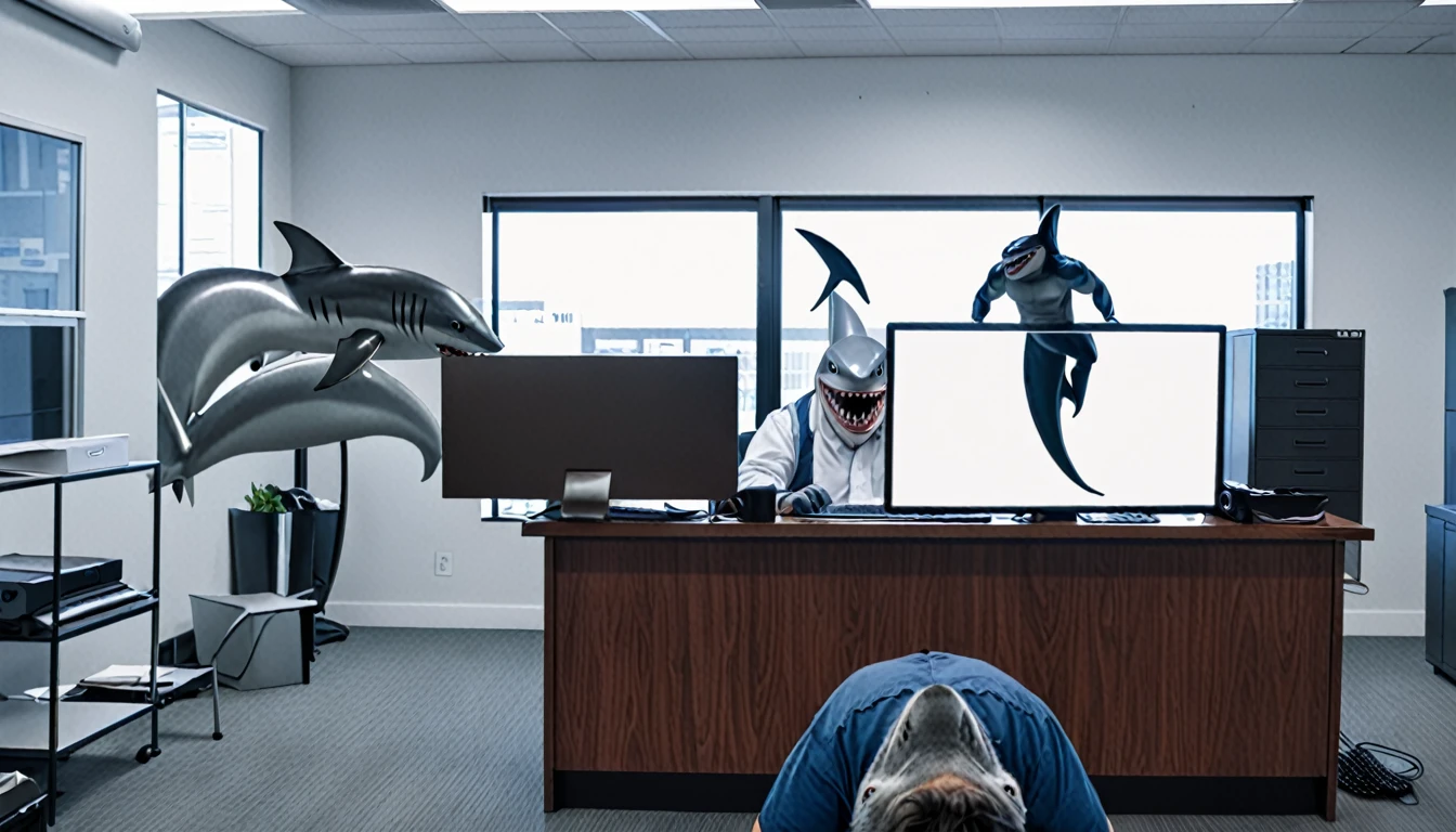 Original photo of the shark man using a computer in an office