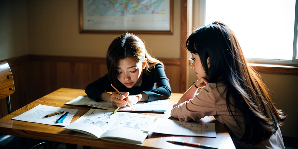 Create a table with papers and pencils on top, a map, and two children facing away from it.. anime style with realistic lighting. ((best quality)), (anime style).