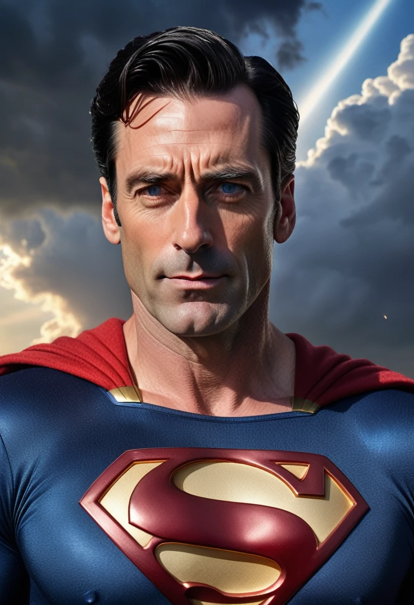 (Masterpiece, 8K, UHD, high resolution: 1.4), epic portrait of Jon Hamm as Superman in the style of Kingdom Come from DC Comics, (classic Superman costume with aged details: 1.3), (piercing blue eyes and serene expression: 1.2), (dark hair and classic hairstyle: 1.2), (flying with powerful rays of sunlight in the background: 1.3), (background with starry sky and dramatic clouds: 1.1), (atmosphere of heroism and nostalgia: 1.3), realistic and intricate details, (elements of fantasy and action: 1.2), (dynamic and powerful perspective: 1.3)