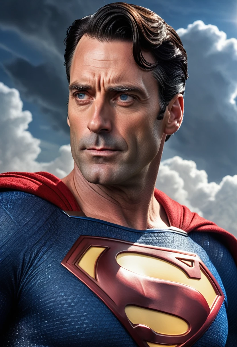 (Masterpiece, 8K, UHD, high resolution: 1.4), epic portrait of Jon Hamm as Superman in the style of Kingdom Come from DC Comics, (classic Superman costume with aged details: 1.3), (piercing blue eyes and serene expression: 1.2), (dark hair and classic hairstyle: 1.2), (flying with powerful rays of sunlight in the background: 1.3), (background with starry sky and dramatic clouds: 1.1), (atmosphere of heroism and nostalgia: 1.3), realistic and intricate details, (elements of fantasy and action: 1.2), (dynamic and powerful perspective: 1.3)