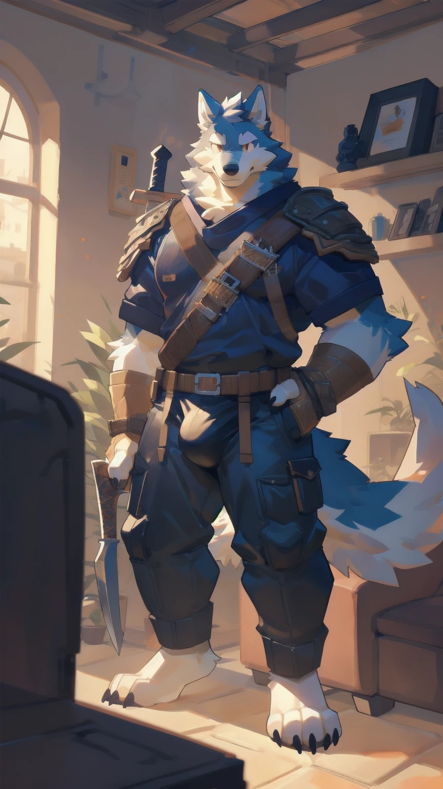 Solo, male, laying on couch in living room, bulge, by bigcozyorca, by goonie-san, by bebebebebe, by spikedmauler, front view, big buff , wolf, teel fur, bushy tail, buff, wearing brown fantasy leather armor, tall, masculine, bulge, dagger and axe on hip