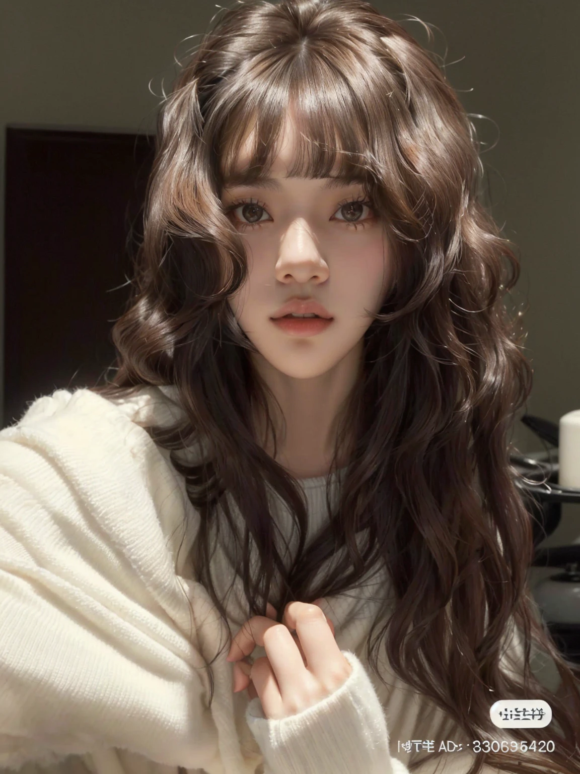 arafed woman with long hair and a white sweater posing for a picture, ulzzang, lalisa manobal, fluffy bangs, long hair with bangs, with long hair, long hair with full bangs, bangs and wavy hair, curly bangs, neat hair with bangs, korean girl, with bangs, jinyoung shin, lalisa manoban of blackpink