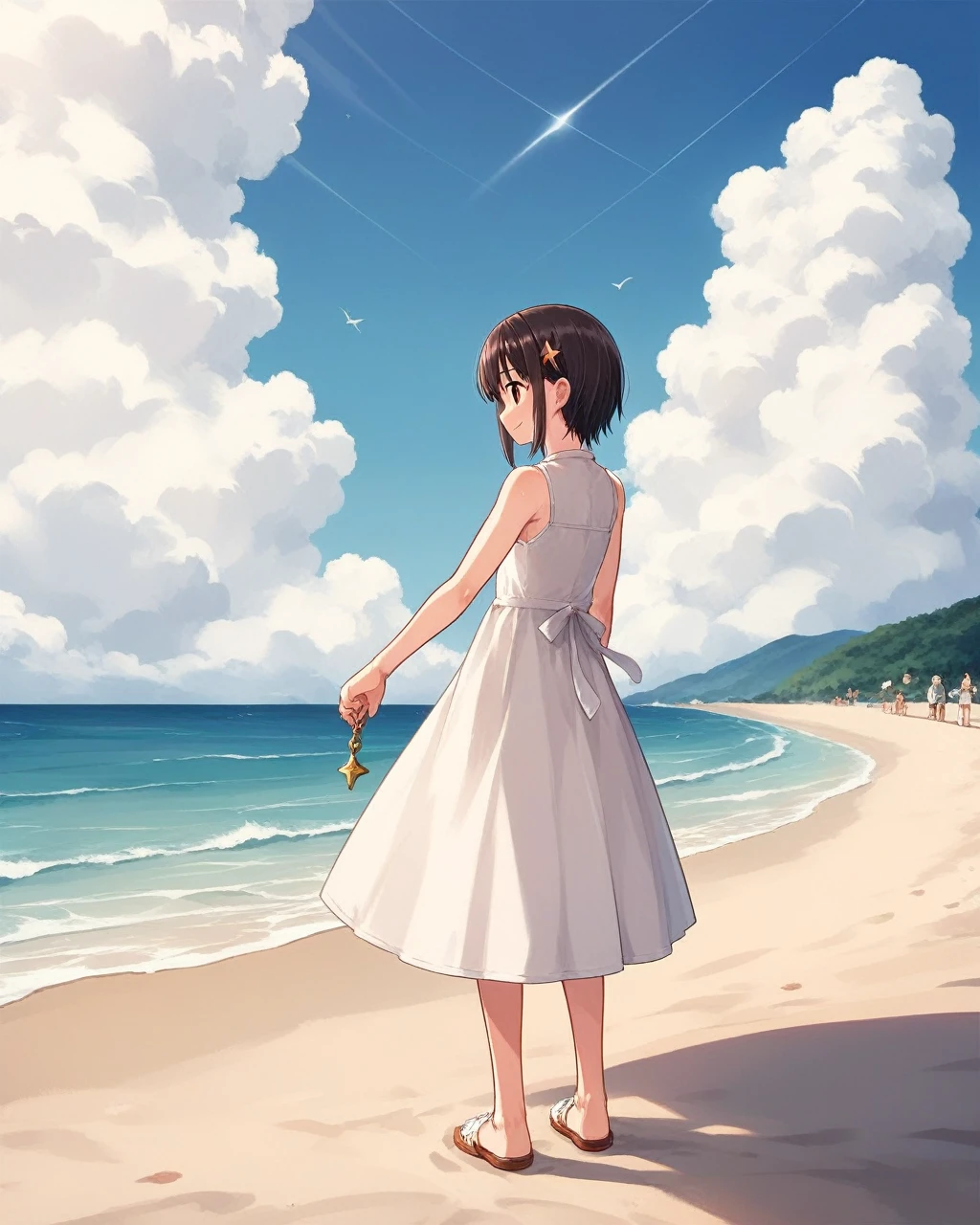 Ai Hoshino,One Girl, 一人in, white_dress, Looking_in_audience, Beach, Outdoor, Ocean, smile, Looking_return, Day, Sleeveless_dress, sundress, skirt_all, from_behind, null, Wave, cloud, Standing in a star shape_student,symbol-shaped_student,. Nice,Key Visual, Vibrant, Studio Anime,Award-winning, Professional, Very detailed,High budget, CinemaScope
