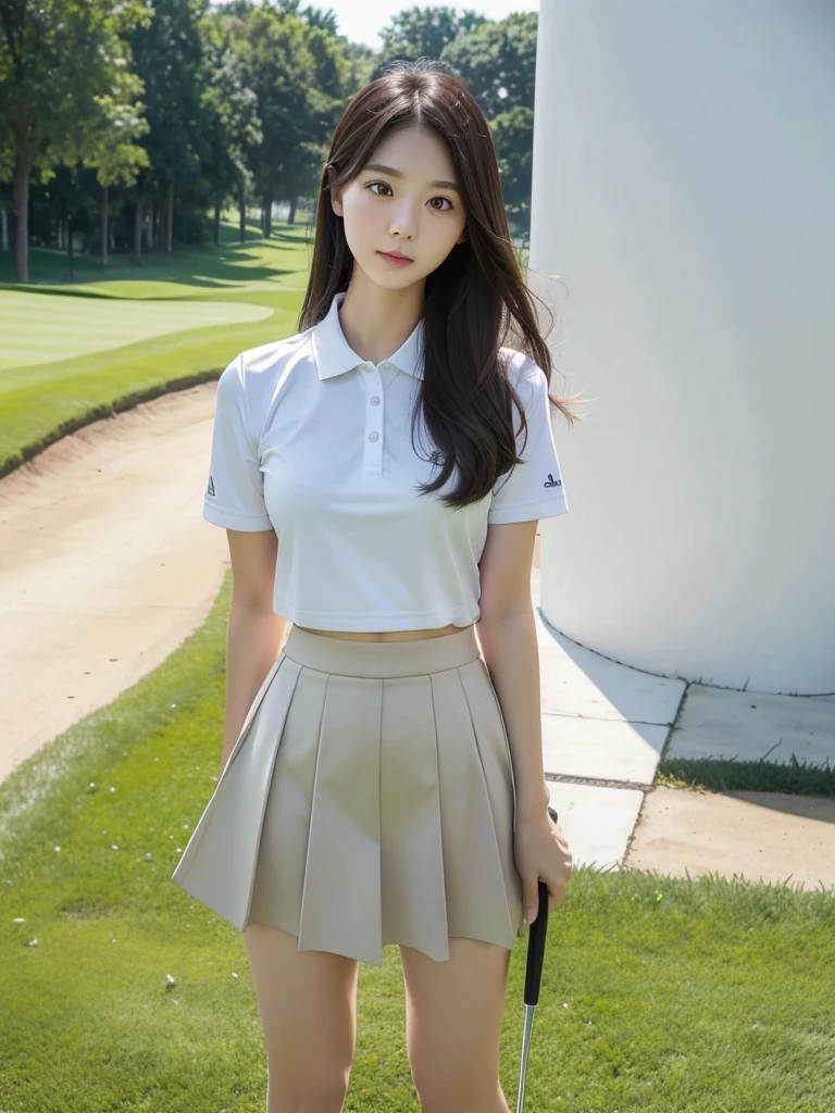 golf、mini skirt、golfコース、(Highest quality)、((Very detailed))、4K、(8K)、masterpiece、Very detailedな、Highest quality、Super Resolution、1 person、Kind Face、Soft Light、RAW quality、Soft Skin、163cm、30 years old、Thighs、Calf