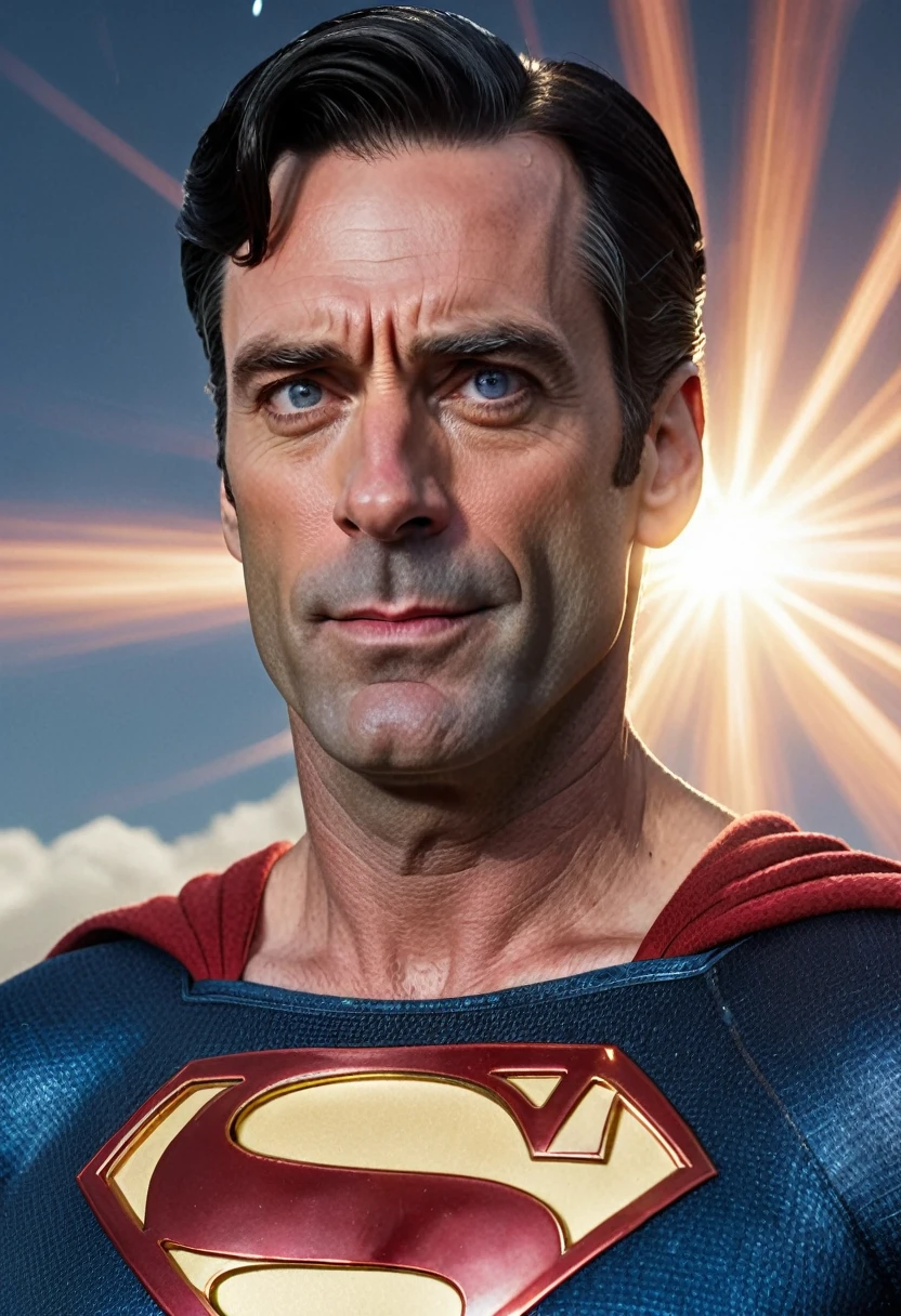 (Masterpiece, 8K, UHD, high resolution: 1.4), epic portrait of Jon Hamm as Superman in the style of Kingdom Come from DC Comics, (classic Superman costume with aged details: 1.3), (piercing blue eyes and serene expression: 1.2), (dark hair and classic hairstyle: 1.2), (flying with powerful rays of sunlight in the background: 1.3), (background with starry sky and dramatic clouds: 1.1), (atmosphere of heroism and nostalgia: 1.3), realistic and intricate details, (elements of fantasy and action: 1.2), (dynamic and powerful perspective: 1.3)
