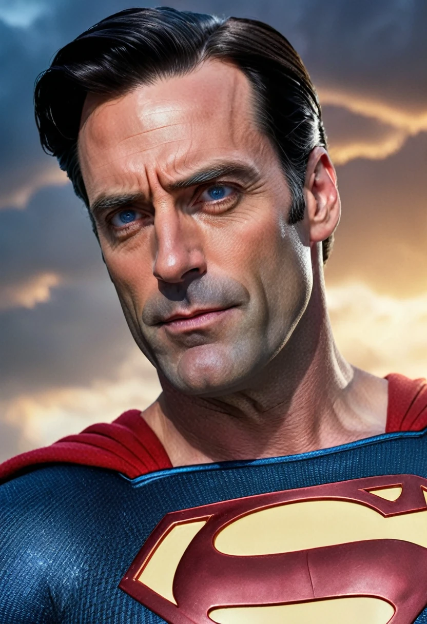 (Masterpiece, 8K, UHD, high resolution: 1.4), epic portrait of Jon Hamm as Superman in the style of Kingdom Come from DC Comics, (classic Superman costume with aged details: 1.3), (piercing blue eyes and serene expression: 1.2), (dark hair and classic hairstyle: 1.2), (flying with powerful rays of sunlight in the background: 1.3), (background with starry sky and dramatic clouds: 1.1), (atmosphere of heroism and nostalgia: 1.3), realistic and intricate details, (elements of fantasy and action: 1.2), (dynamic and powerful perspective: 1.3)