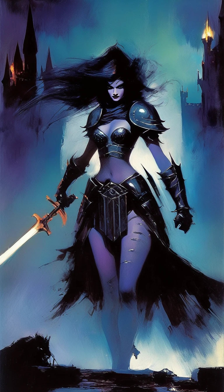 The sexy and dark warrior girl, dark castle, night(art inspired by Bill Sienkiewicz). oil painting)(best quality,4k,8k,highres,masterpiece:1.2),ultra-detailed,(realistic,photorealistic,photo-realistic:1.37),intricate details,vivid colors,sharp focus,professional,Dave McKean artwork, oil touch of surrealism,oil painting style