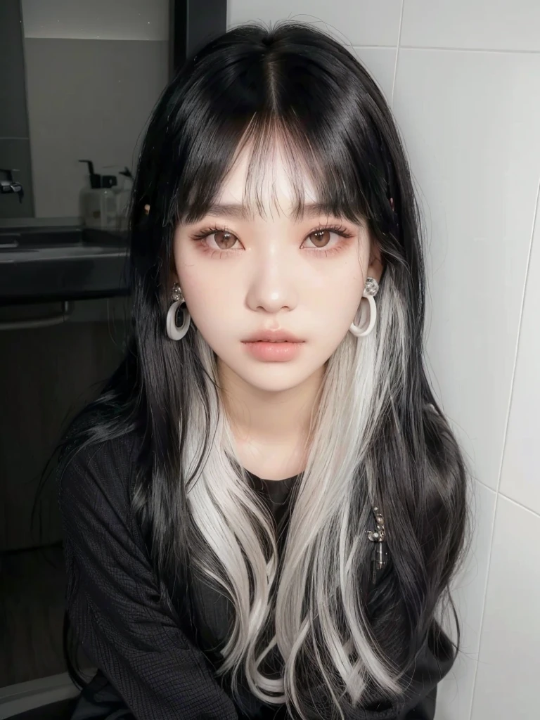 arafed woman with long hair and piercings sitting in a bathroom, she has black hair with bangs, whitebangsblackhair, center parted bangs, cruel korean goth girl, with bangs, ulzzang, black hair and white bangs, two color hair, with full bangs, hair blackbangs hair, lalisa manobal, hair whitebangs hair