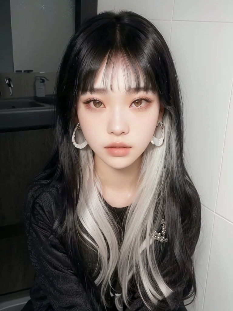 arafed woman with long hair and piercings sitting in a bathroom, she has black hair with bangs, whitebangsblackhair, center parted bangs, cruel korean goth girl, with bangs, ulzzang, black hair and white bangs, two color hair, with full bangs, hair blackbangs hair, lalisa manobal, hair whitebangs hair