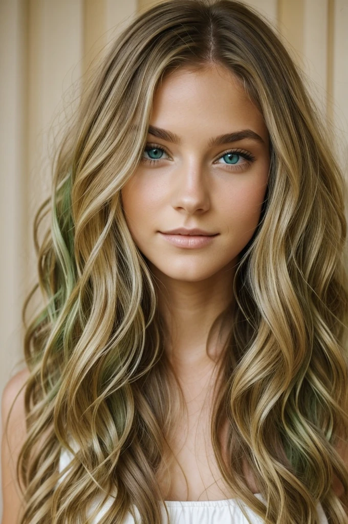 French girl blonde green eyes long wavy hair 