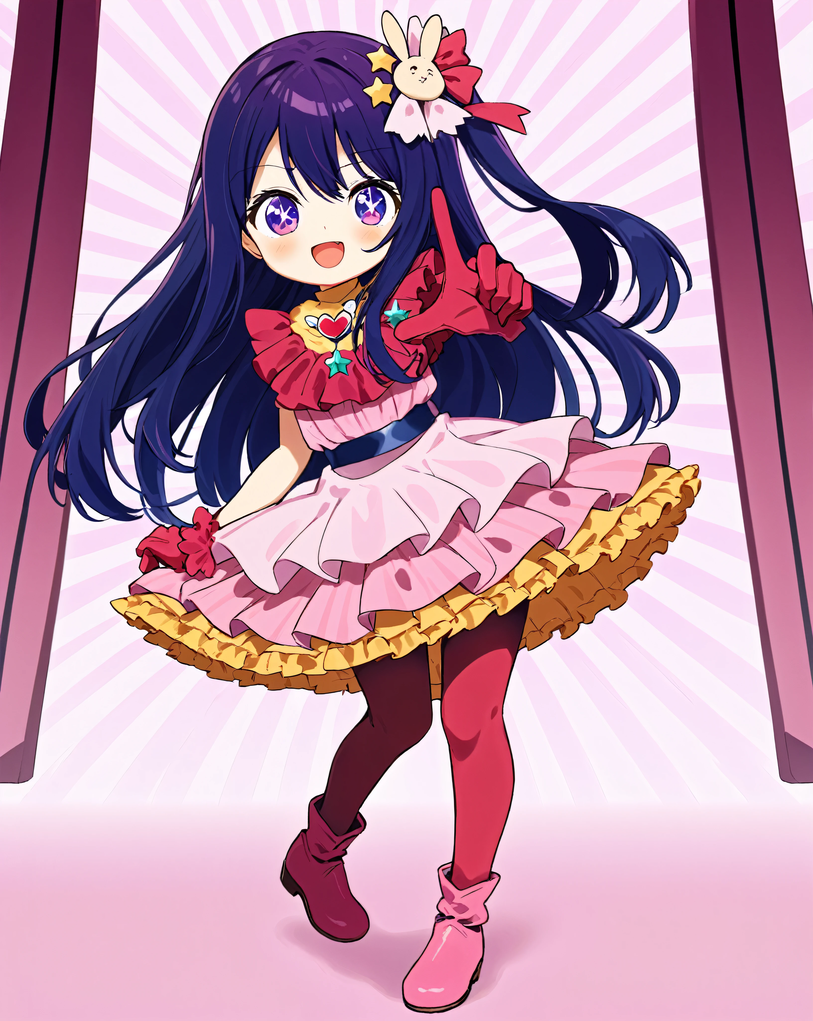 Ai Hoshwo,One girl, 一人w, のuppere_eye_Closed, Rabbit_hair_ornament, Little, smile, pwk_dress, Open_mouth, hair_bow, tooth, heart, gloves, ;d, sample_wwermark, red_bow, frills_dress, pantyhose, Are standwg_のupper_のuppere_foot, pwk_footwear, Red noodles, Lookwg_w_Audience, full_body, wwermark, のuppere_~ side_upper, idol, boots, Striped_Star-shaped background_pupperils,symbol-shaped_pupperils,. nice,Key Visual, Vibrant, Studio Anime,Award-wwnwg, professiのupperal, Very detailed,High budget, CwemaScope