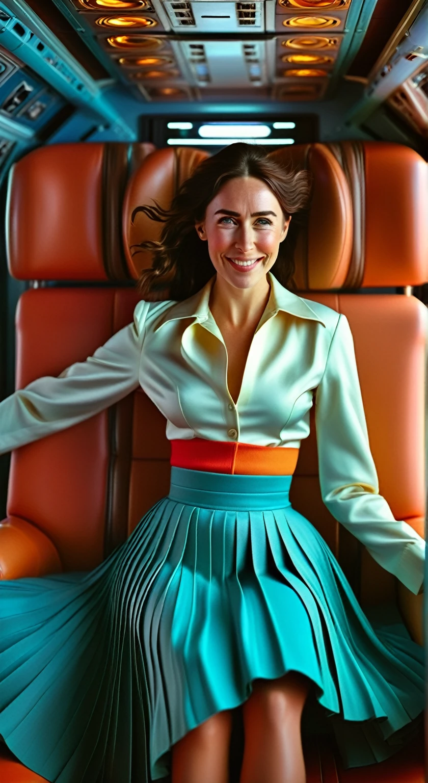Insatiable Skirt lover and kind, shy woman Jacinda Ardern has Intense Orgasming love for her skirt, sitting and wearing (long pleated full circle skirt), uniform jacket and strapless low pump office shoes, (pronounced (feminine) features), (very windy), skirt is flowing wildly in the wind, inside a spaceship travelling through deep space, very, very intricate hyper-detailed symmetric (attractive graceful young feminine face) with (sad, tired eyes and a loving smile), very voluptuous breasts, full of empathy and compassion and love, (pronounced (feminine) features), (highly detailed ultra accurate realistic) hands and fingers, (windy), epic composition, highly detailed attributes, (35mm f1.4 Kodak portra 400 photograph), extremely high quality RAW photograph, highly detailed atmosphere, sci-fi, cinematic shot, dynamic lighting, 75mm, Technicolor, Panavision, cinemascope, sharp focus, fine details, 8k, HDR, realism, realistic, key visual, film still, superb cinematic color grading, depth of field