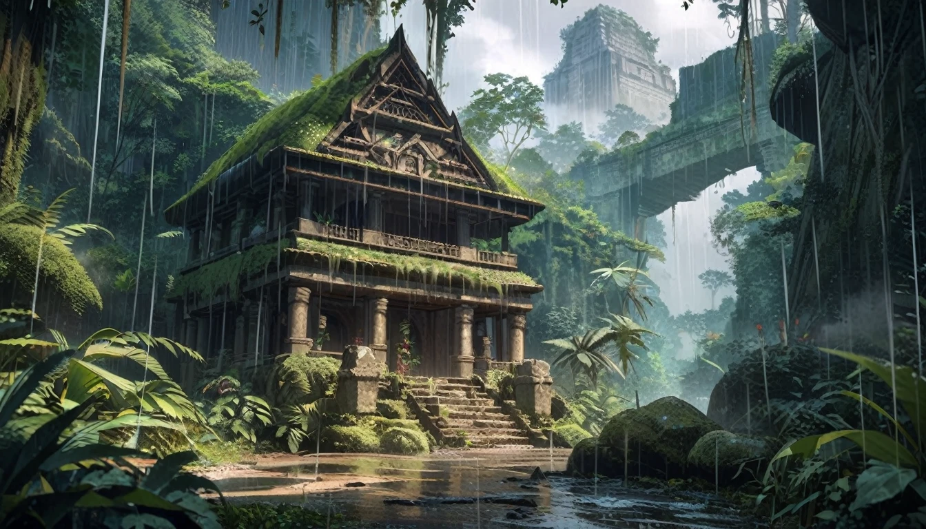anime aestetics, anime scenery, daytime, rainforest, jungle, stone temple in the jungle, civered in moss, wines everywhere, downpour, strong, rain, mystic atmosphere, ancient structure, ttall tress, jungle plants, huge leavesm, beautifl big red jungle flowers, predator plants, perspective, atmospheric perspective, wide shot, highres, 4K, 8k, award winning, super detail, masterpiece
