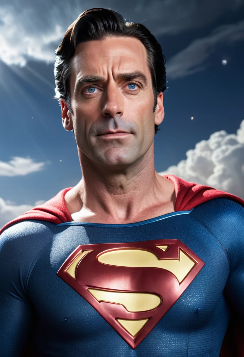 (Masterpiece, 8K, UHD, high resolution: 1.4), epic portrait of Jon Hamm as Superman in the style of Kingdom Come from DC Comics, (classic Superman costume with aged details: 1.3), (piercing blue eyes and serene expression: 1.2), (dark hair and classic hairstyle: 1.2), (flying with powerful rays of sunlight in the background: 1.3), (background with starry sky and dramatic clouds: 1.1), (atmosphere of heroism and nostalgia: 1.3), realistic and intricate details, (elements of fantasy and action: 1.2), (dynamic and powerful perspective: 1.3)