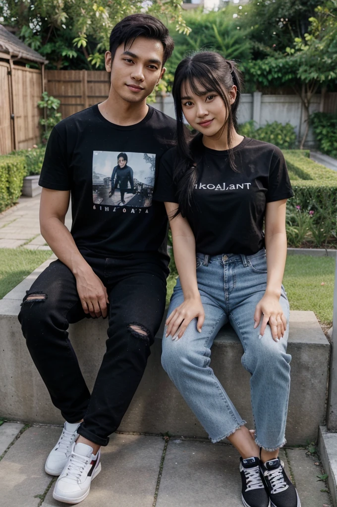 Foto Realistic seorang kekasih yang sangat romantis, a beautiful girl from Asia with black pony tail hair, wearing a black t-shirt, Black long jeans slightly torn, black sneakers,and a handsome young man from Indonesia, wearing a black t-shirt, Black long jeans slightly torn, wearing black sports shoes,they smiled sweetly,they are sitting in a garden, the picture is very clear, Realistic, Full HD ultra HD 16K