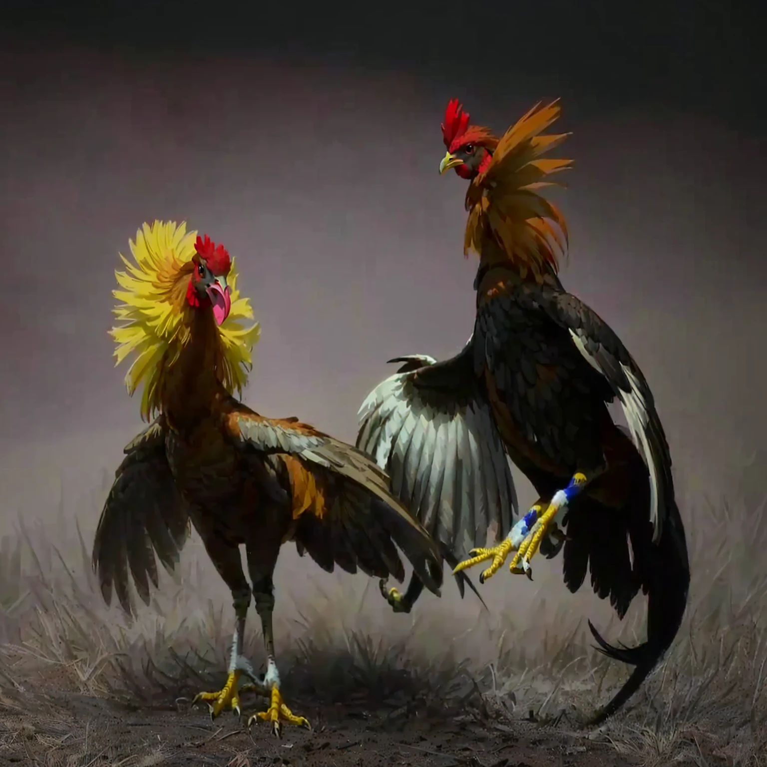 galos fighting with each other on a brown surface, they are fighting very angry, posing for a fight intricate, the king of galo, posing for a fight, in a fighting pose, turaco morphing chicken, galo!!!!, fight up close, galo, arrogant expression, por Basuki Abdullah, chicken, proud look