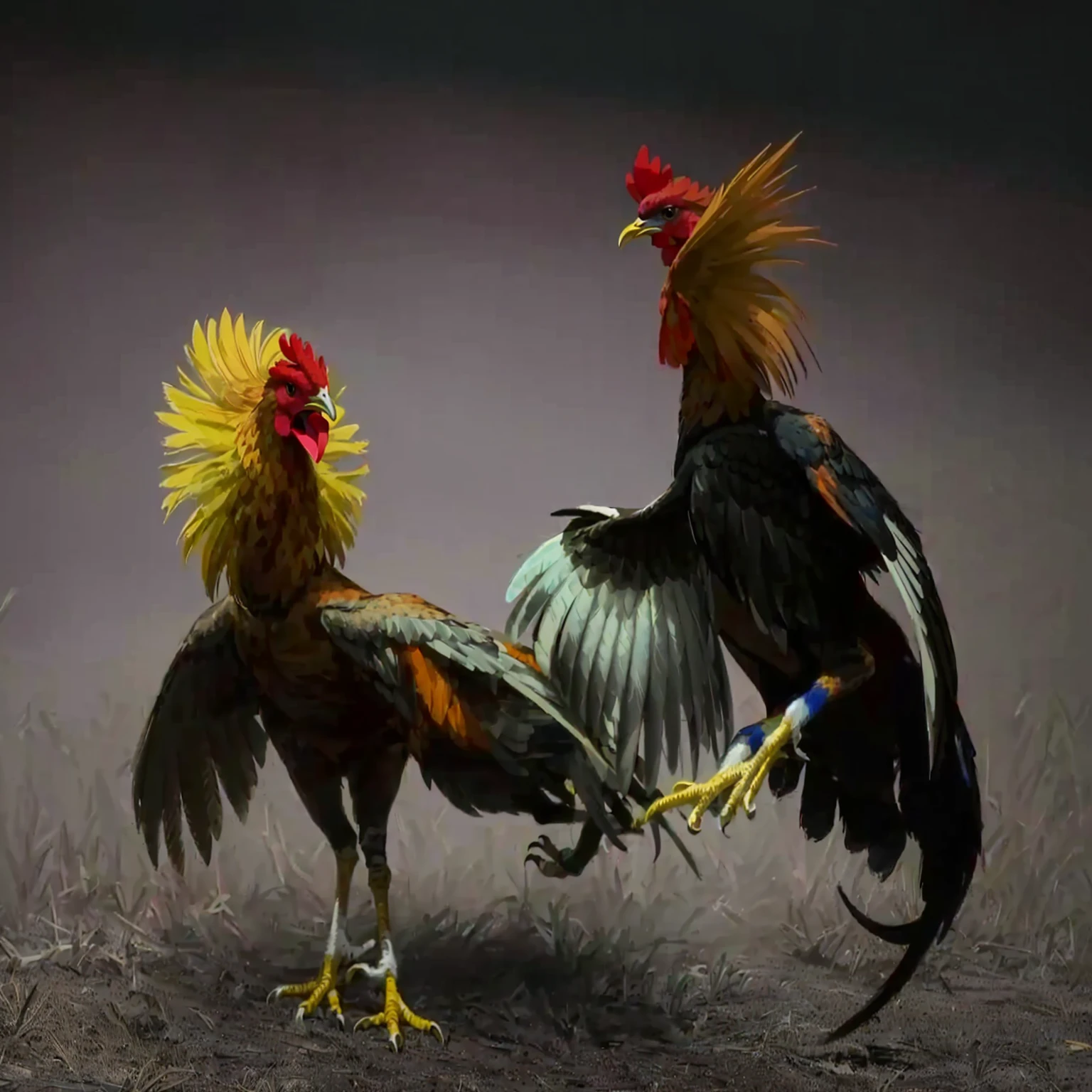 galos fighting with each other on a brown surface, they are fighting very angry, posing for a fight intricate, the king of galo, posing for a fight, in a fighting pose, turaco morphing chicken, galo!!!!, fight up close, galo, arrogant expression, por Basuki Abdullah, chicken, proud look