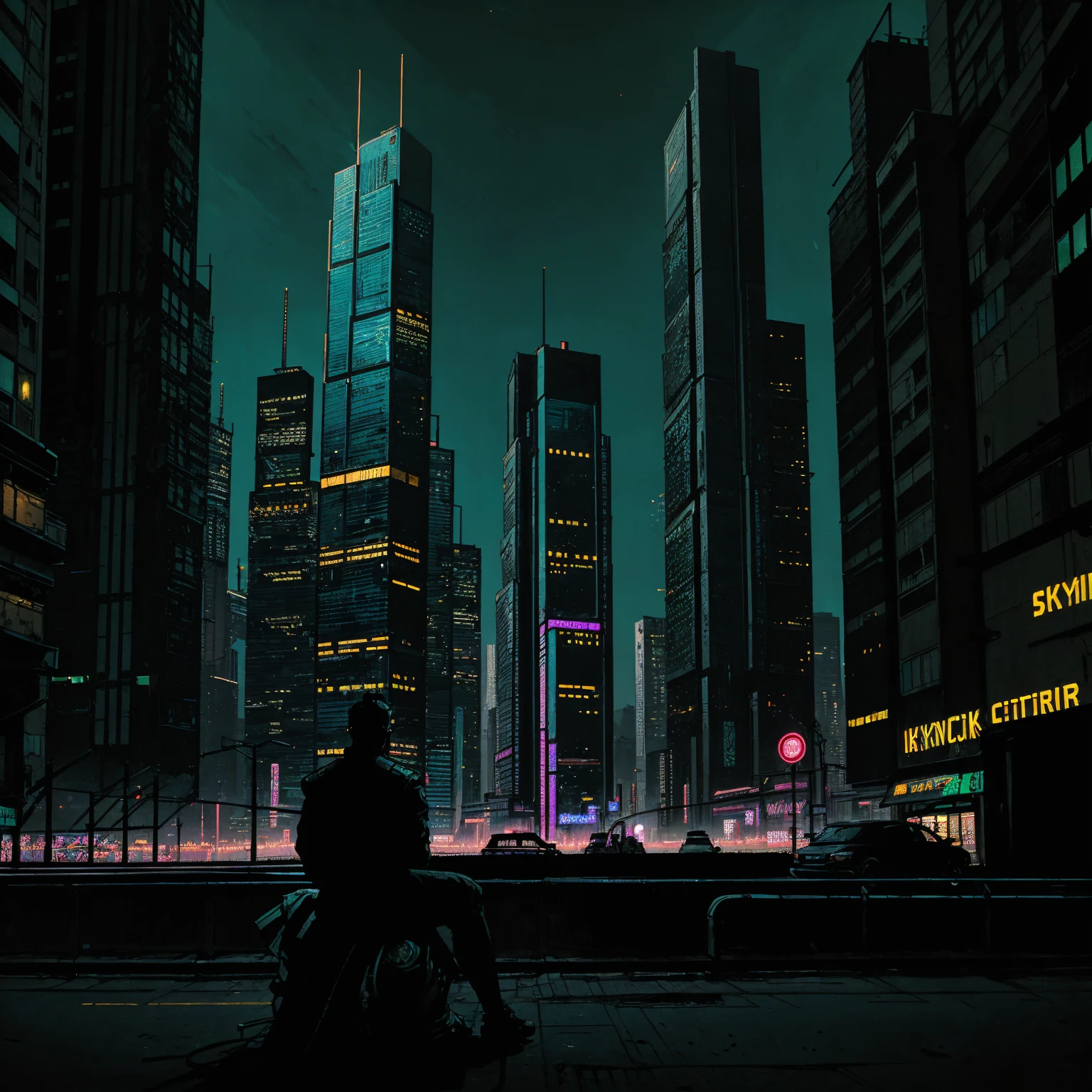 (masterpiece), (cyberpunk park), (street),  (cyberpunk city neon lights), (skyscrapers), (realistic illustration), (cinematic), (night), (city skylines), (back silhouette sitting) 
