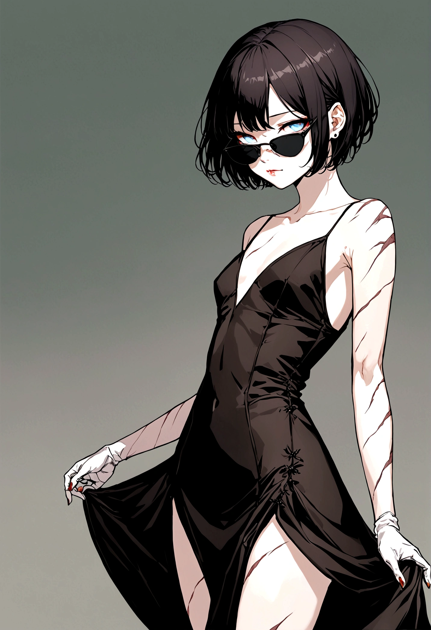 Young girl of 19 years old, emotionless and cold look, blue eyes, gray eyes as if she were blind, long eyelashes, perfect nose, small lips with red makeup, round face, Very marked black eyeliner, you can notice dark circles under her eyes, she wears an elegant black sleeveless dress, showing her arms with thin scars from cuts,Thin and well-kept hands, flat chest, body without sexy curves, thin and fragile legs,Short hair, bob style cut,White gloves, a small purse, and dark sunglasses over her hair,Soft and slightly pale skin, He has a small, almost imperceptible smile,tall height 1.74cm, he wears a cat barrette in her hair, her cuts look more recent on her arm.He is in a mansion with low lights