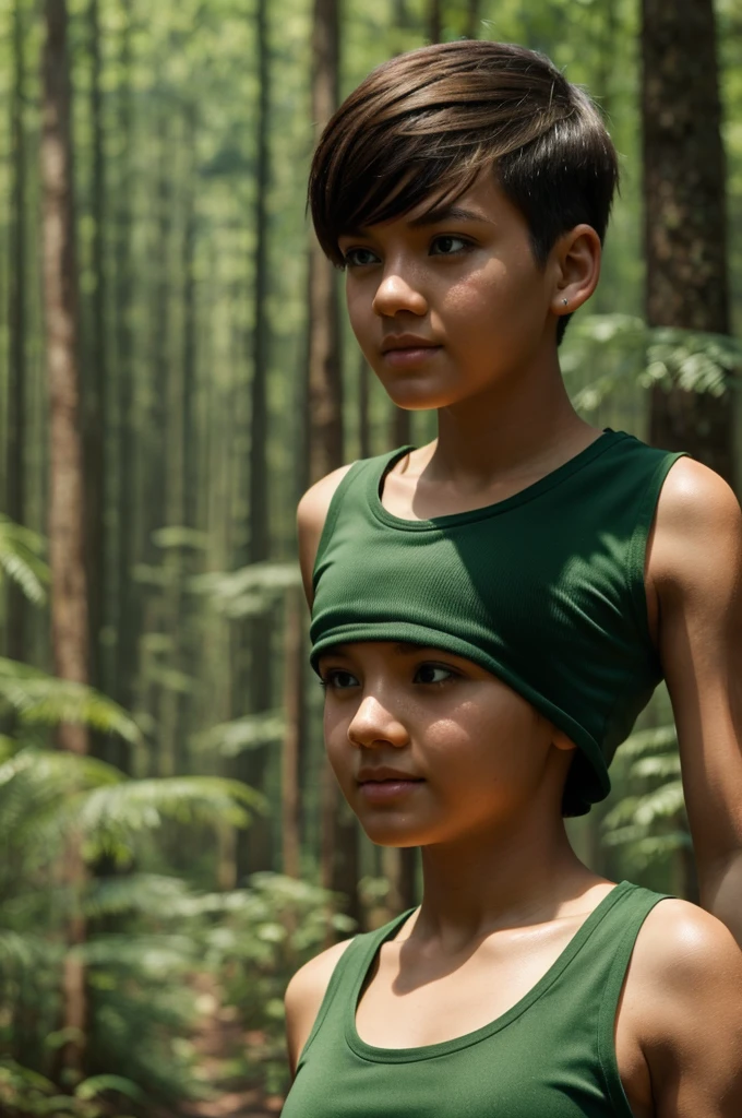 A girl with short tom boy hair,sweating with a green sleeveless shirt and a forest in the background