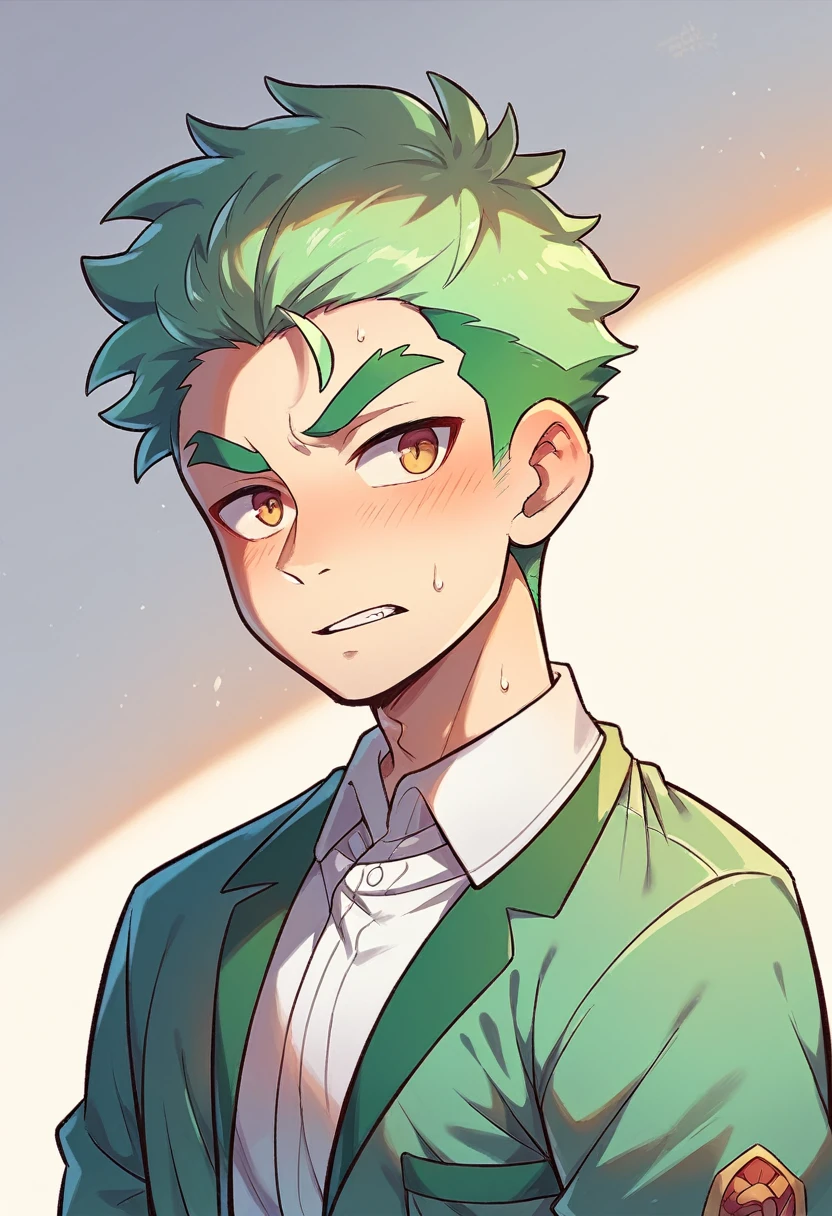 create a male asian college student with light green hair and green clothes