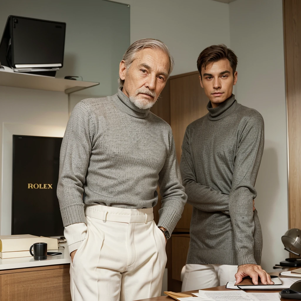 Elderly man of 75 years with short hair and a medium beard wearing a BLACK long-sleeved turtleneck sweater, white pants, Rolex watch, elegantly dressed, behind him in the backround an elegant desk in a elegant office.