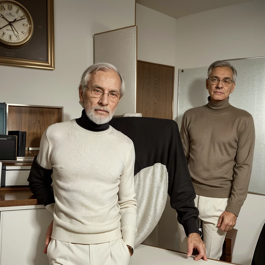 Elderly man of 75 years with short hair and a medium beard wearing a BLACK long-sleeved turtleneck sweater, white pants, Rolex watch, elegantly dressed, behind him in the backround an elegant desk in a elegant office.