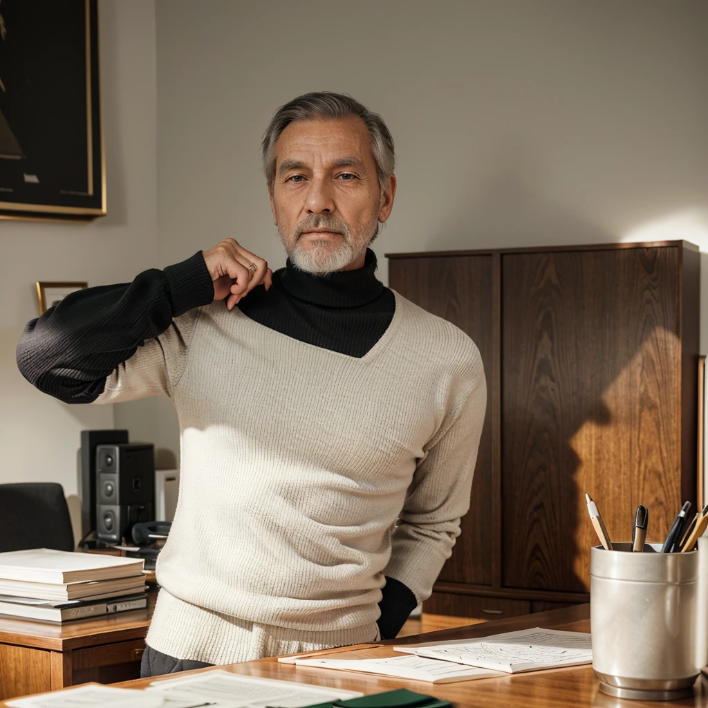 Elderly man of 75 years with short hair and a medium beard wearing a BLACK long-sleeved turtleneck sweater, white pants, Rolex watch, elegantly dressed, behind him in the backround an elegant desk in a elegant office.