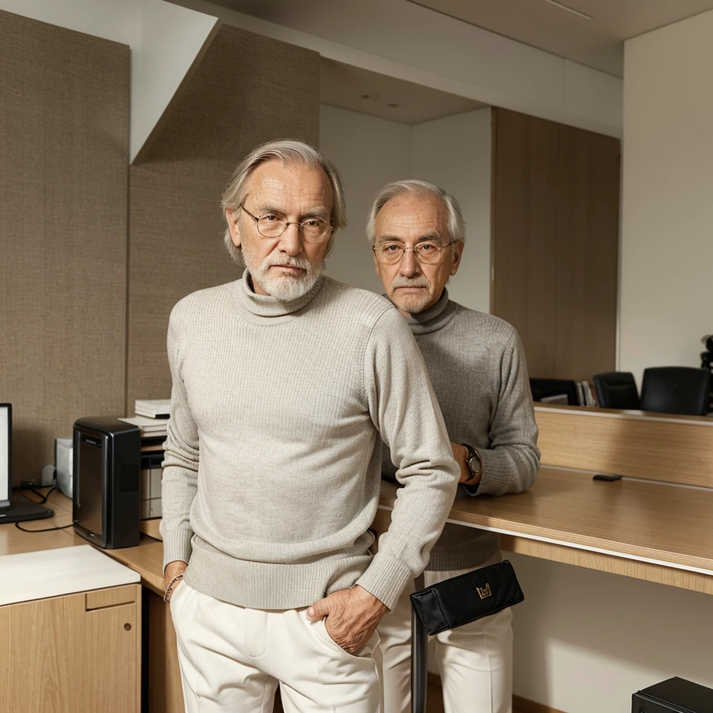Elderly man of 75 years with short hair and a medium beard wearing a BLACK long-sleeved turtleneck sweater, white pants, Rolex watch, elegantly dressed, behind him in the backround an elegant desk in a elegant office.