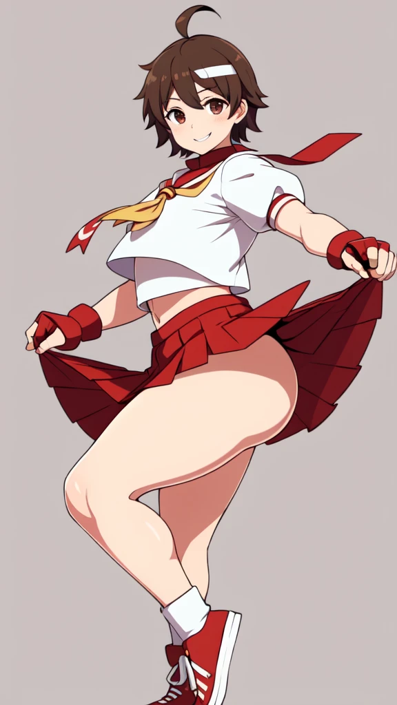 masterpiece, Highest quality, High resolution, 1girl, solo, Sakura MS, kasugano sakura, milf, shiny, oily skin, Brown eyes, Brown Hair, short hair, bangs, Ahoge, head band, , Puffy sleeves, Crop top, neckerchief, midriff, (((mini skirt, ultra short skirt))), ultra short skirt, Fingerless gloves, Thighs Thighs Thighs, (thick thighs, voluptuous thighs, ample thighs),
(((red buruma))), White socks, Red footwear, Very detailed, More detailed,Proper body balance,Ultra-high quality output images,High resolution,Intricate details,Very delicate and beautiful hair, simple background, smile, discovery stance, bare legs, full body, (from side:0.7), nsfw,
