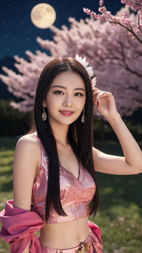 masterpiece, 最high quality, night, Mountain, full moon, Long black hair, woman, fire Fly, performer, Mysterious cherry tree, Pink leaves, high quality, Beautiful graphics, High detail,The best smile:1.5,Flashy makeup with red eyeshadow:1.5