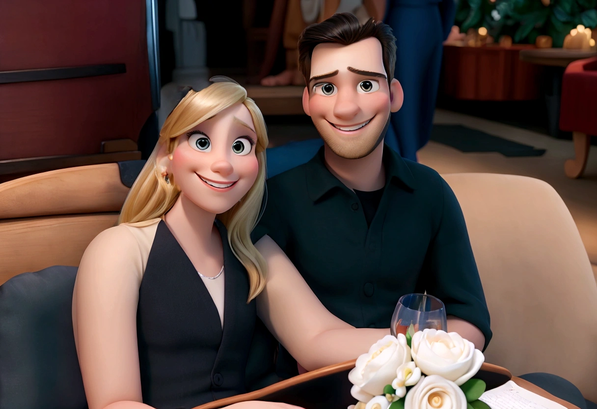 High quality artwork maximum quality best quality Disney pixar style couple smiling blonde woman and man with thin beard smiling and black hair ready for wedding
