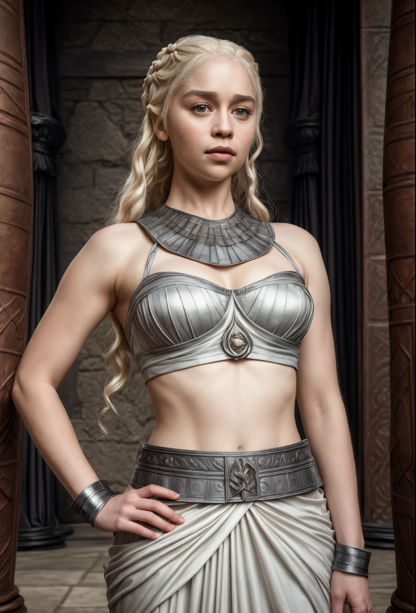 masterpiece, stunning portrait photo of khls woman, sleeveless, erotic costumes, sensual satin dress, game of thrones inspired costumes, 
  