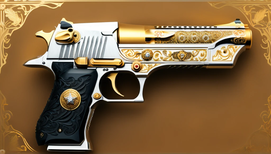 A highly-detailed long wide shot digital illustration of an ornate, (“Desert Eagle pistol”:1.37) with intricate Furry Eagle and scrollwork engravings Notched, gold golden accents, delicate artistic patterns, and a neutral textured background. ((more detail, enhanced_themed-gun)).