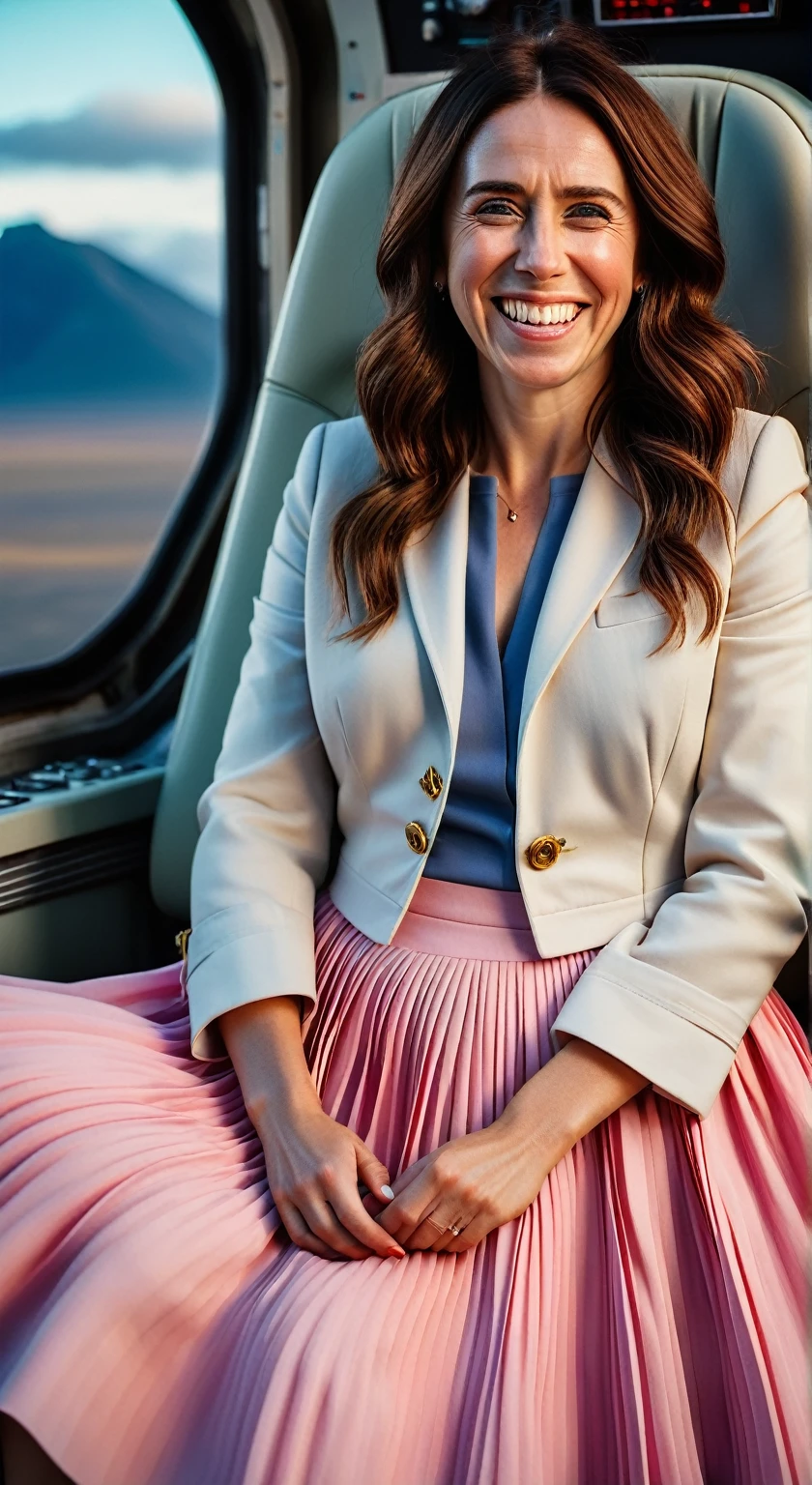 Insatiable Skirt lover and kind, shy woman Jacinda Ardern has Intense Orgasming love for her skirt, sitting and wearing (long pleated full circle skirt), uniform jacket and strapless low pump office shoes, (pronounced (feminine) features), (very windy), skirt is flowing wildly in the wind, inside a spaceship travelling through deep space, very, very intricate hyper-detailed symmetric (attractive graceful young feminine face) with (sad, tired eyes and a loving smile), very voluptuous breasts, full of empathy and compassion and love, (pronounced (feminine) features), (highly detailed ultra accurate realistic) hands and fingers, (windy), epic composition, highly detailed attributes, (35mm f1.4 Kodak portra 400 photograph), extremely high quality RAW photograph, highly detailed atmosphere, sci-fi, cinematic shot, dynamic lighting, 75mm, Technicolor, Panavision, cinemascope, sharp focus, fine details, 8k, HDR, realism, realistic, key visual, film still, superb cinematic color grading, depth of field