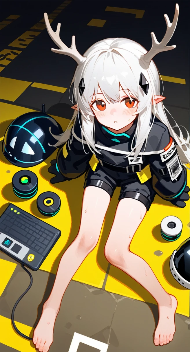 punctuation_9,punctuation_8_High above,punctuation_7_High above,1 girl,muddy stone (arknights),grimy,feet,mitts,helmet,antlers,flooras,Eyes red,Bare feet,pointy ears,breastsout,standing alone,long hair,White hair,black mitts,Toes,helmet de segurança,foco nos feet,gazing at viewer,sitting down,sweat,parted lips,grimy feet,containment,plein-air,sky,bangss,oripathy lesion (arknights),giorno,ssmile,blush,demon antlers,infection monitor (arknights),foreshortening,floor,