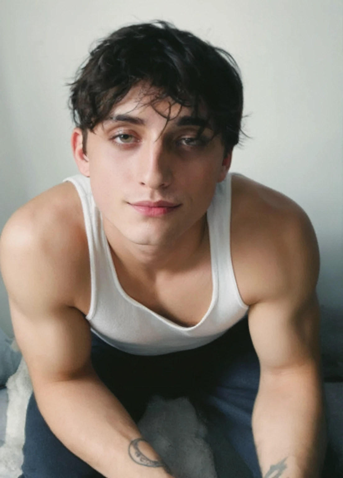 there is a man with a tattoo on his arm sitting on a bed, raphael personnaz, tommy 1 6 years old, timothee chalamet, halfbody headshot, taken in the early 2020s, headshot profile picture, profile image, mid-shot of a hunky, inspired by Luca Zontini, beautiful androgynous prince, profile pic